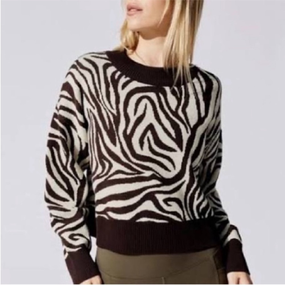 Carbon38 Zebra Jacquard Animal Print Sweater Brown Cream Sz S NEW